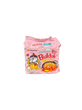 A package of Samyang Buldak Spicy Ramyun instant noodles in its signature pink packaging, featuring the Buldak character and product branding.