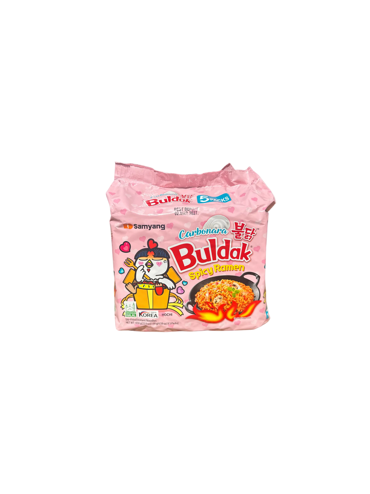 A package of Samyang Buldak Spicy Ramyun instant noodles in its signature pink packaging, featuring the Buldak character and product branding.