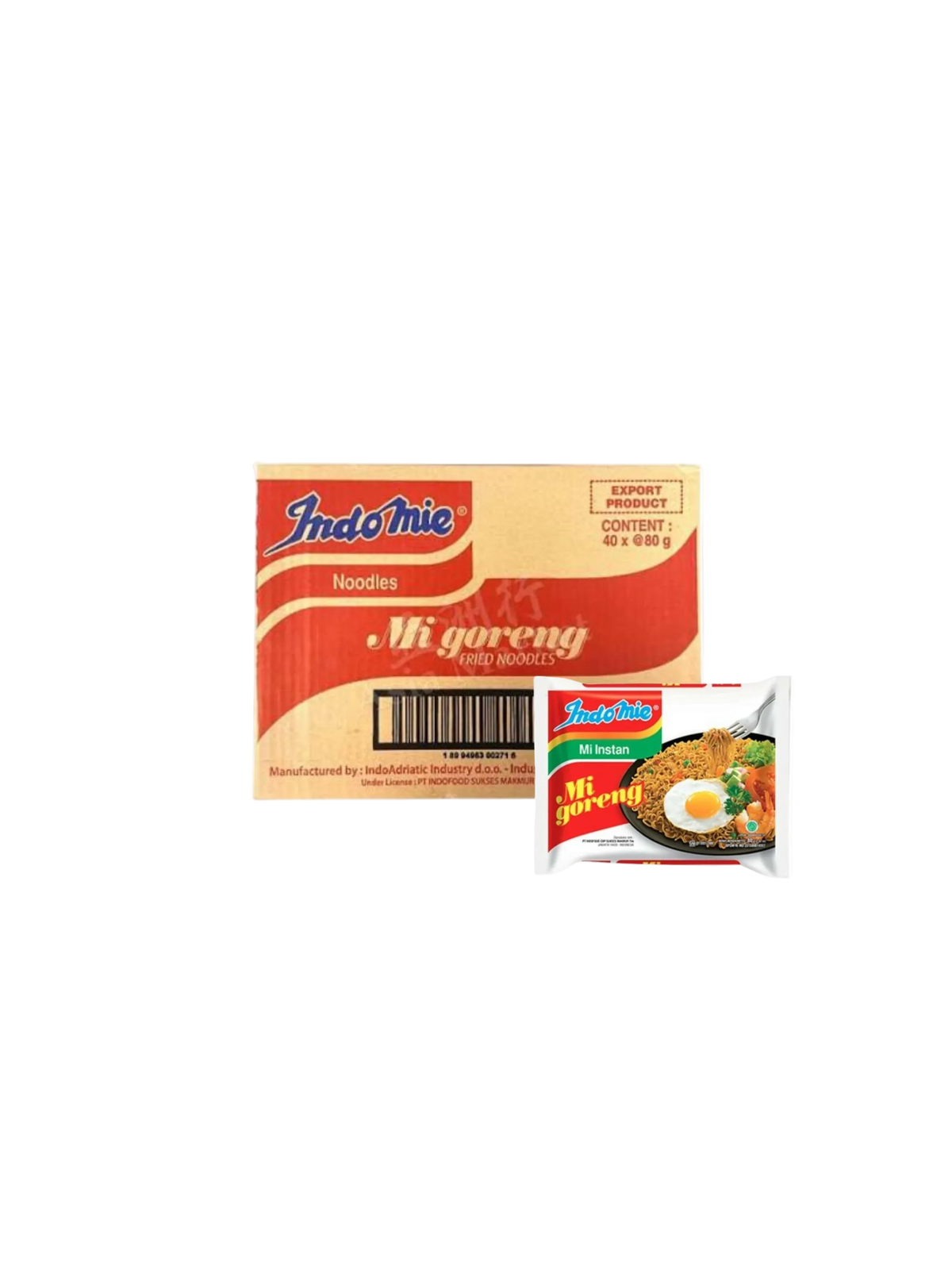 A box of IndoMic Mi Goreng Noodles next to a single packet of the same instant noodle on a plain white background.
